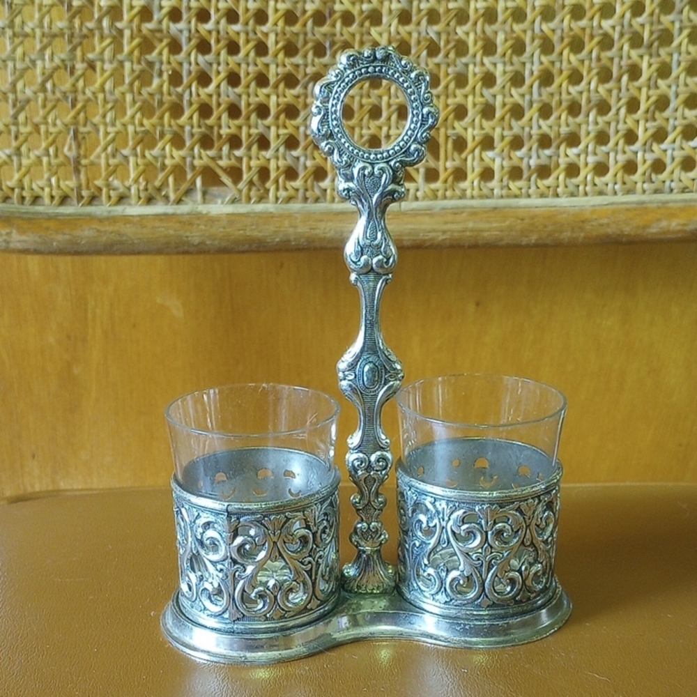 Vintage Silver Plate Shot Glass Caddy Display Piece